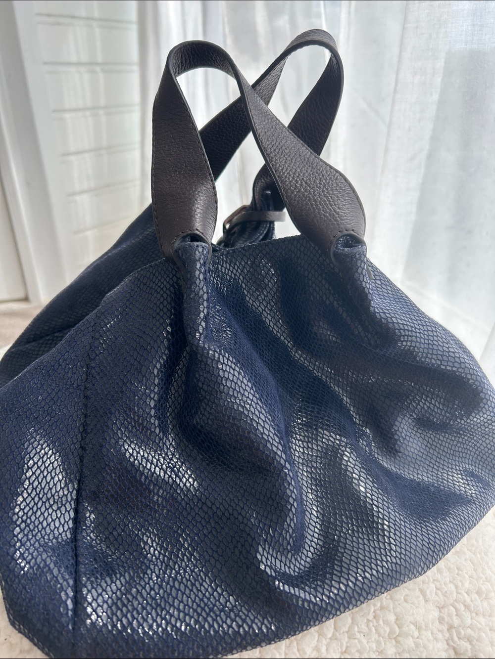Marni Navy Textured Hobo with Dark Brown Handles
